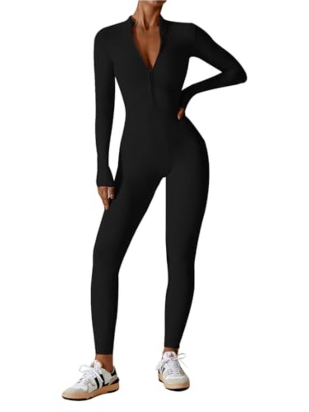Women's One Piece Workout Jumpsuit Zip Long Sleeve Yoga Romper Slim Fitted